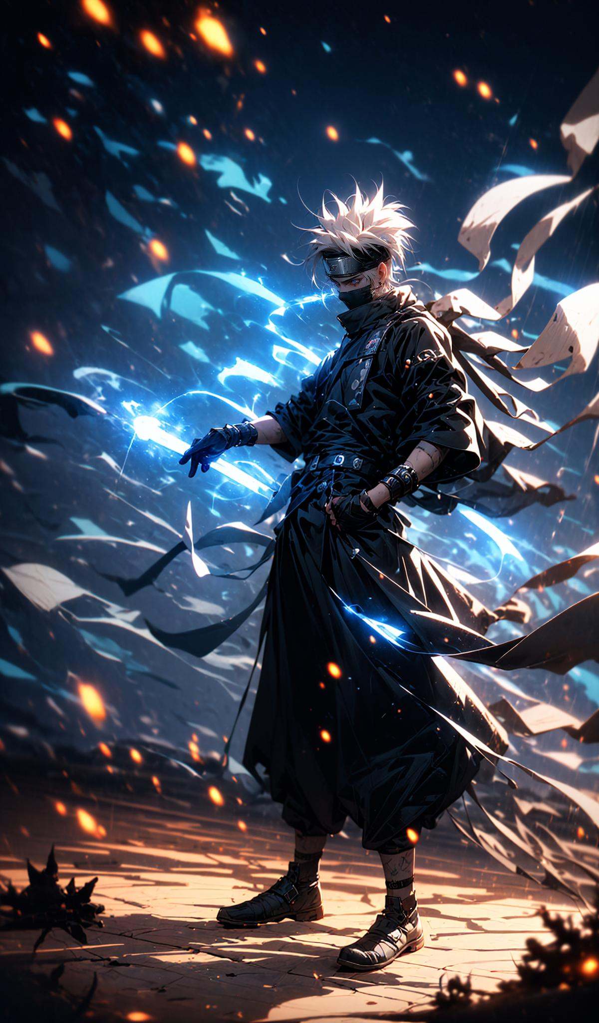 (dramatic, gritty, intense:1.4),masterpiece, best quality, 8k, insane details, intricate details, hyperdetailed, hyper quality, high detail, ultra detailed, Masterpiece, (full body:1.1), (imid shot,macro shot:1.25),Kakashi Hatake in Naruto, holographic reality, holographic halo, motion blur, game light effect, rim light, soft light, movie rim light, delicate light, cyberpunk style, oil painting texture, full length shot, 3D artist, detailed, futuristic, lightning,  <lora:Kakashi Hatake_20230802113200:0.8>