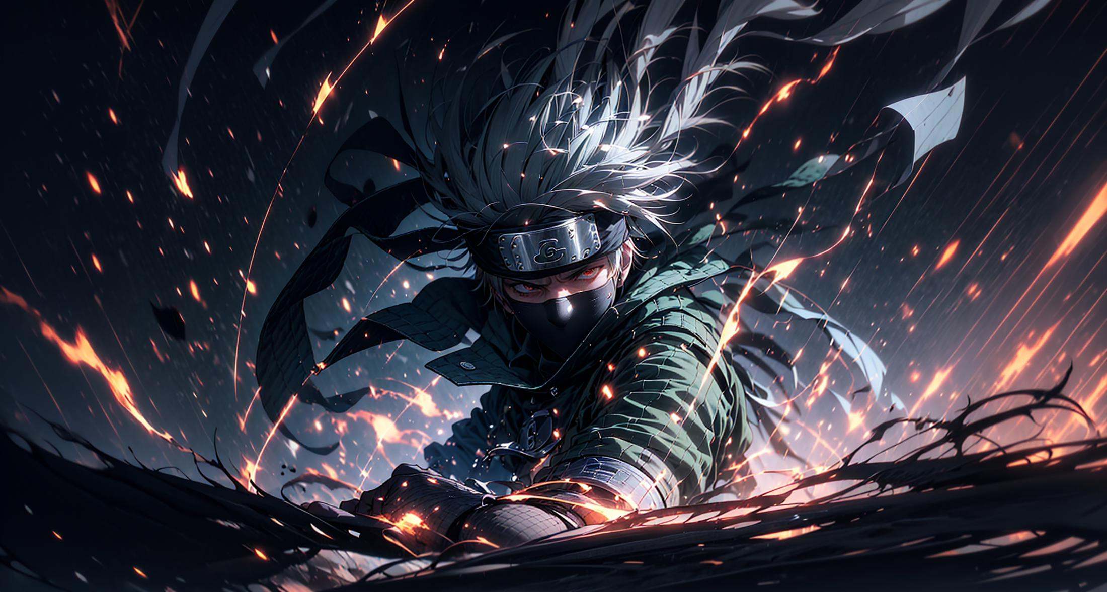 (dramatic, gritty, intense:1.4),masterpiece, best quality, 8k, insane details, intricate details, hyperdetailed, hyper quality, high detail, ultra detailed, Masterpiece,upper body, close-up,(imid shot,macro shot:1.25),Kakashi Hatake in Naruto, holographic reality, holographic halo, motion blur, game light effect, rim light, soft light, movie rim light, delicate light, cyberpunk style, oil painting texture, full length shot, 3D artist, detailed, futuristic, lightning,  <lora:Kakashi Hatake_20230802113200:1>