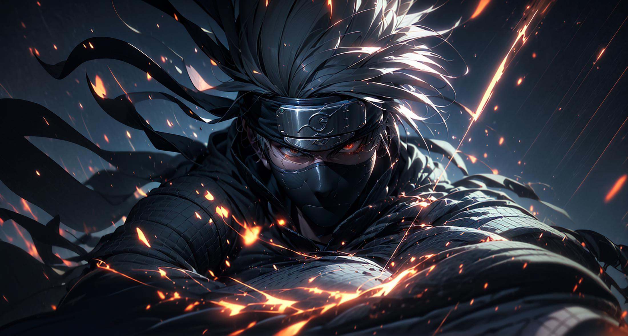 (dramatic, gritty, intense:1.4),masterpiece, best quality, 8k, insane details, intricate details, hyperdetailed, hyper quality, high detail, ultra detailed, Masterpiece,upper body, close-up,(imid shot,macro shot:1.25),Kakashi Hatake in Naruto, holographic reality, holographic halo, motion blur, game light effect, rim light, soft light, movie rim light, delicate light, cyberpunk style, oil painting texture, full length shot, 3D artist, detailed, futuristic, lightning,  <lora:Kakashi Hatake_20230802113200:1>