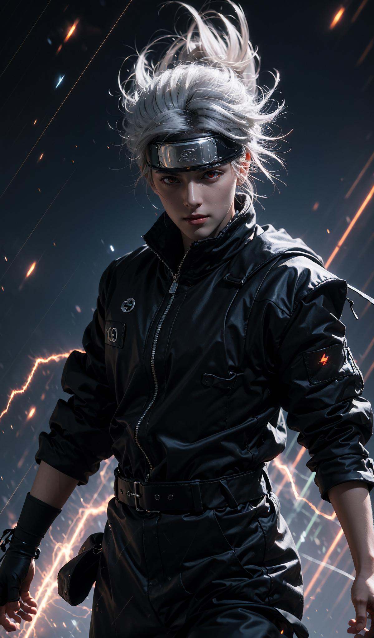 (dramatic, gritty, intense:1.4),masterpiece, best quality, 8k, insane details, intricate details, hyperdetailed, hyper quality, high detail, ultra detailed, Masterpiece,upper body, close-up,(imid shot,macro shot:1.25),(red eyes:1.5),(white hair:1.2),Kakashi Hatake in Naruto, holographic reality, holographic halo, motion blur, game light effect, rim light, soft light, movie rim light, delicate light, cyberpunk style, oil painting texture, full length shot, 3D artist, detailed, futuristic, lightning,  <lora:Kakashi Hatake_20230802113200:0.8>