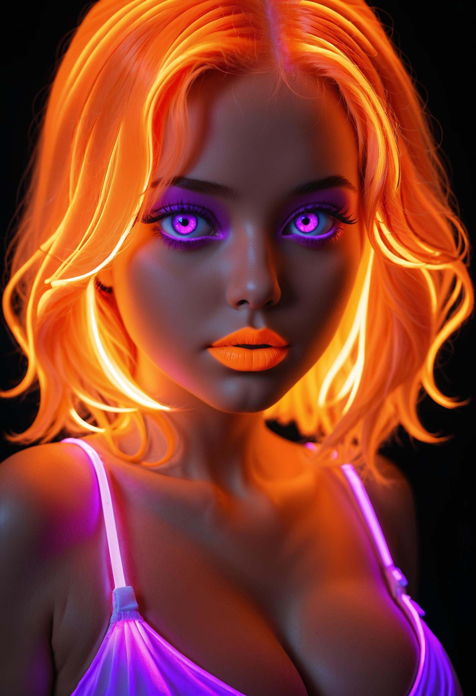 ((glowing-neon-purple-dress)),  glowing-neon-purple-eyes,  glowing-neon-orange-hair on Tensor.Art