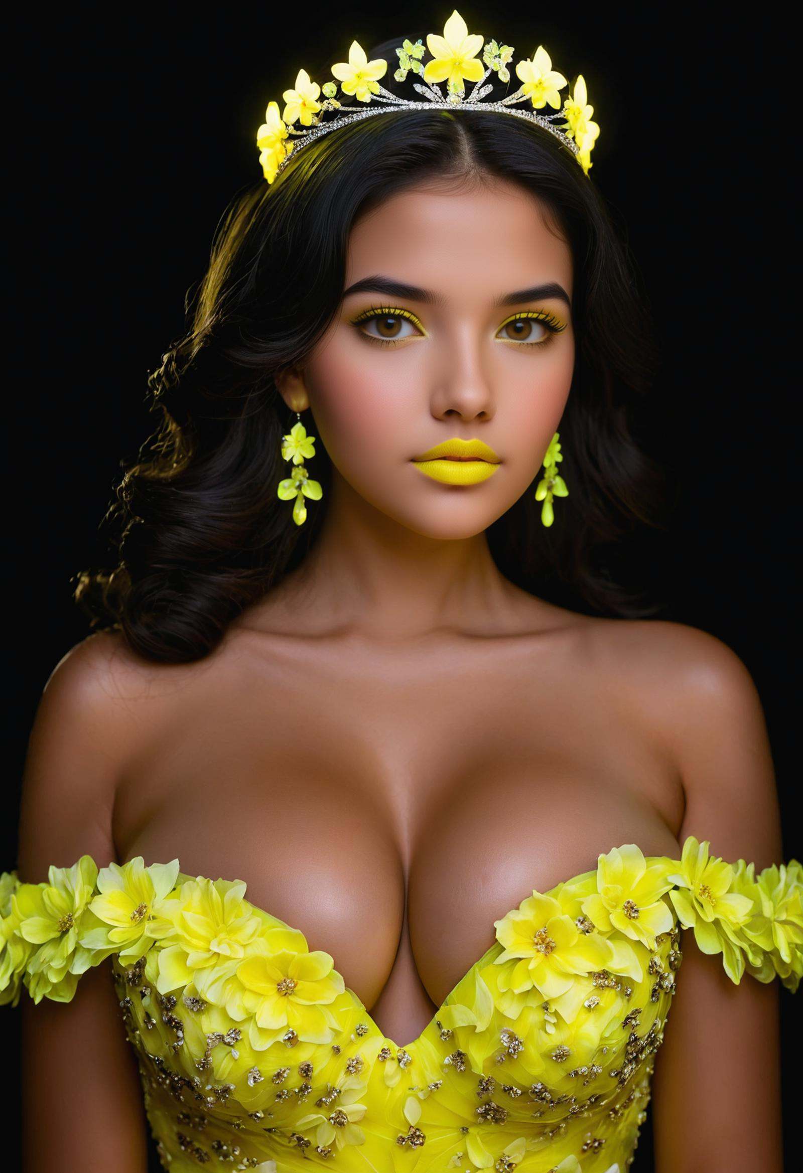 glowing-neon-yellow-floral-gown,  glowing-neon-yellow-tiara,  1girl on Tensor.Art