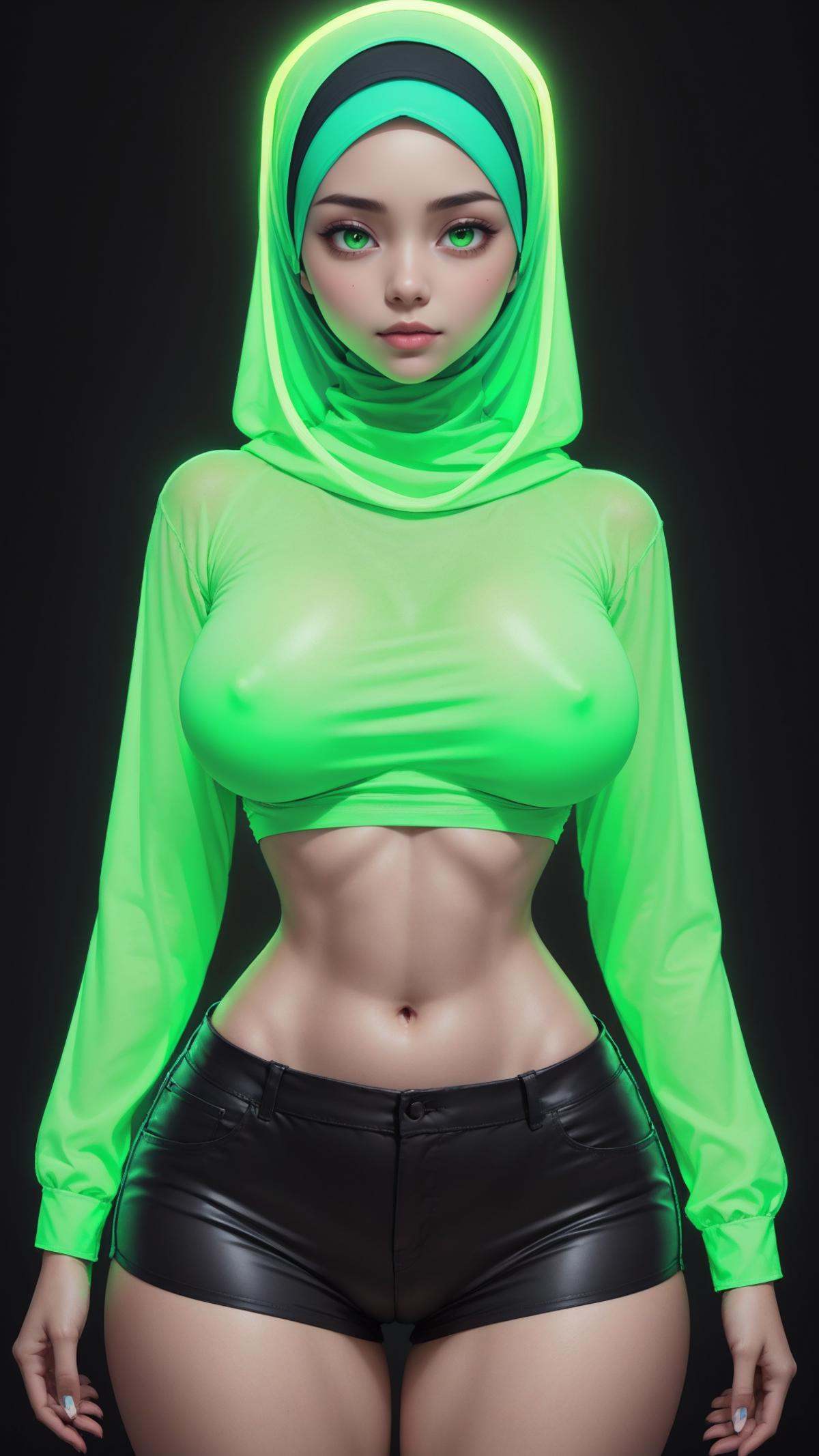 (glowing-neon-green-hijab,  glowing-neon-green-shirt),  1girl on Tensor.Art