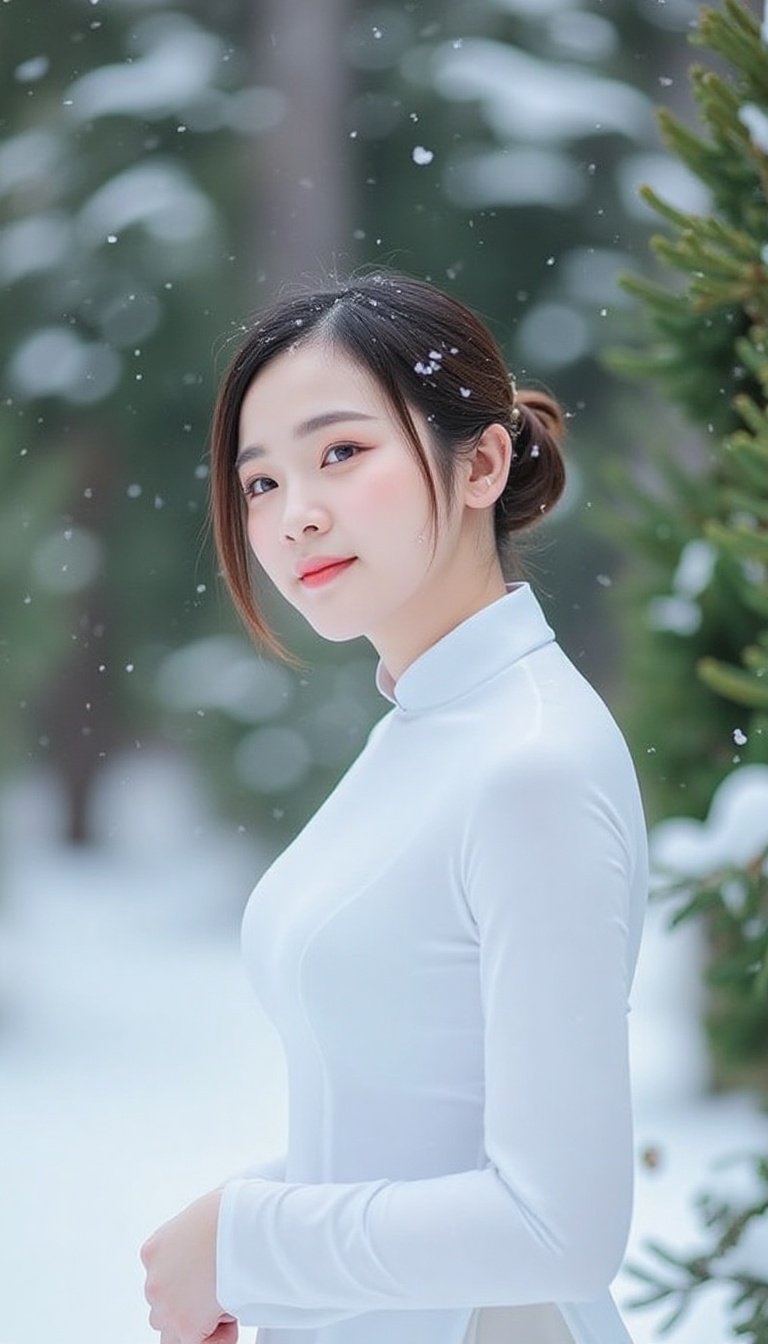 A warm winter wonderland scene: A young woman waearing white shirt,  ao dai,  stands amidst a serene snowy landscape on Te...