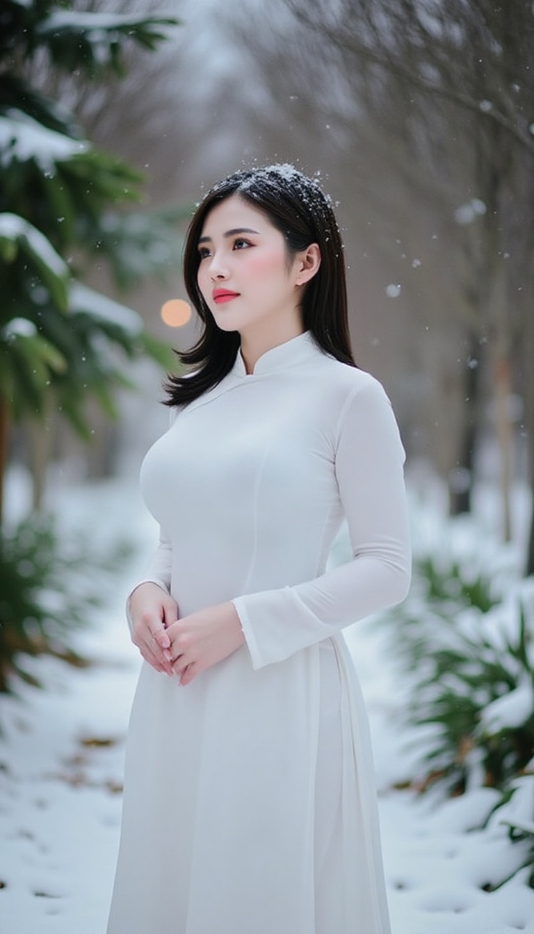 A warm winter wonderland scene: A young woman waearing white shirt,  ao dai,  stands amidst a serene snowy landscape on Te...