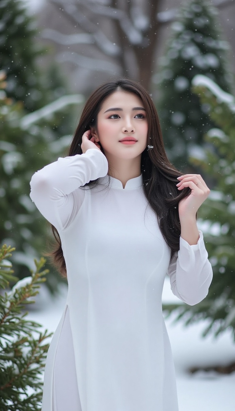 A warm winter wonderland scene: A young woman waearing white shirt,  ao dai,  stands amidst a serene snowy landscape on Te...