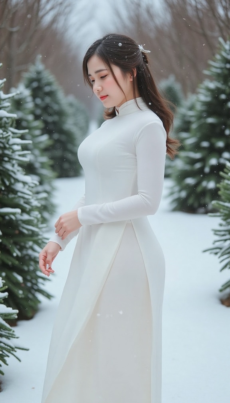A warm winter wonderland scene: A young woman waearing white shirt,  ao dai,  stands amidst a serene snowy landscape on Te...