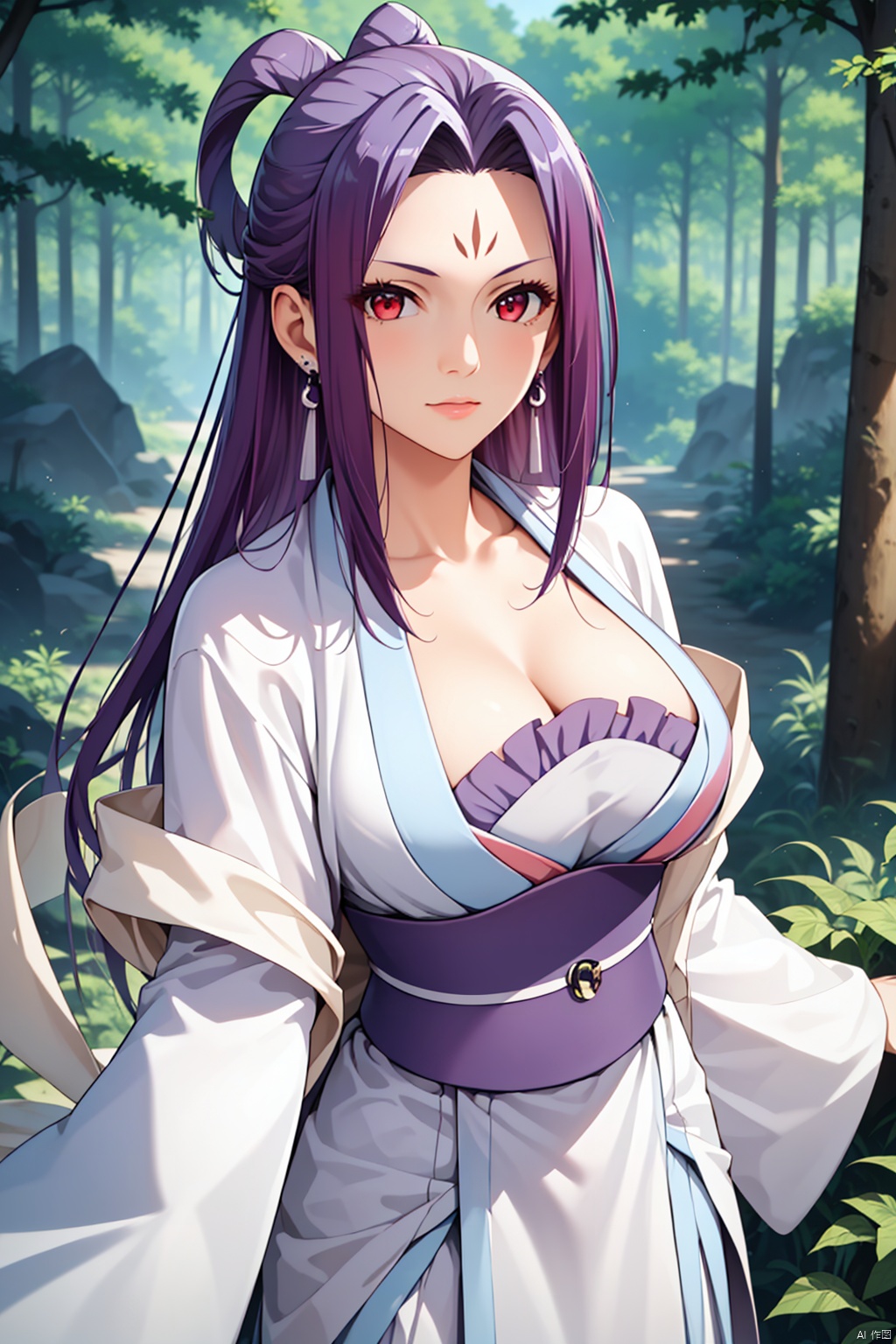 masterpiece,best quality,looking at viewer,1girl,solo,Forest,A bust,
large breasts, 


1girl,solo,red eyes, forehead mark, long hair, purple hair, earrings, hanfu,wide sleeves,hair stick,shawl