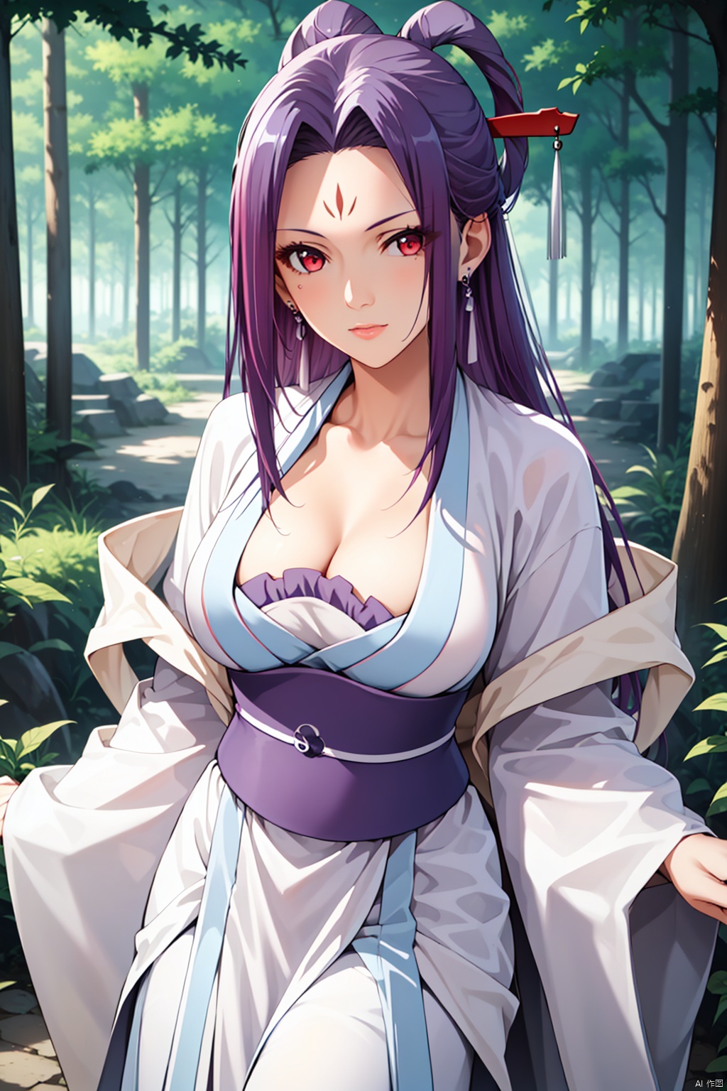 masterpiece,best quality,looking at viewer,1girl,solo,Forest,A bust,
large breasts, 


1girl,solo,red eyes, forehead mark, long hair, purple hair, earrings, hanfu,wide sleeves,hair stick,shawl