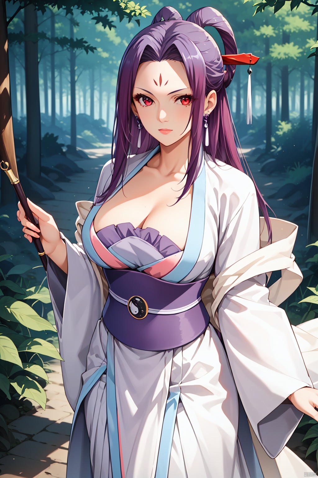 masterpiece,best quality,looking at viewer,1girl,solo,Forest,A bust,
large breasts, 


1girl,solo,red eyes, forehead mark, long hair, purple hair, earrings, hanfu,wide sleeves,hair stick,shawl