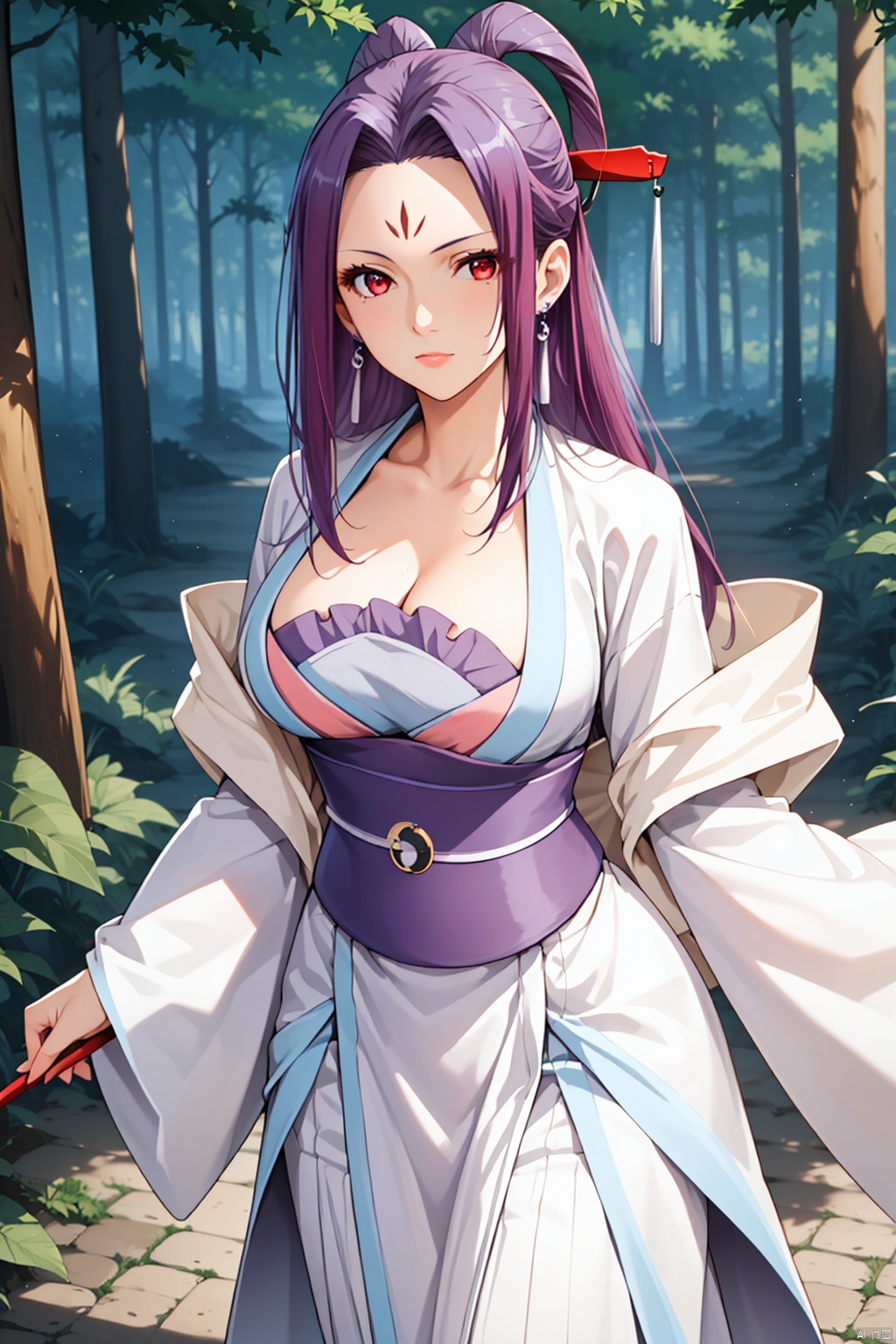 masterpiece,best quality,looking at viewer,1girl,solo,Forest,A bust,
large breasts, 


1girl,solo,red eyes, forehead mark, long hair, purple hair, earrings, hanfu,wide sleeves,hair stick,shawl