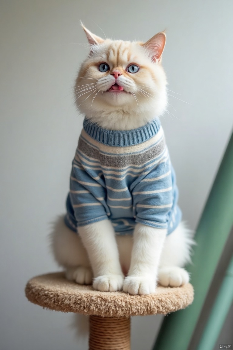 a white tabby cat with blue eyes and a pink tongue sticking out of its mouth is perched on a brown cat scratching post. Th...