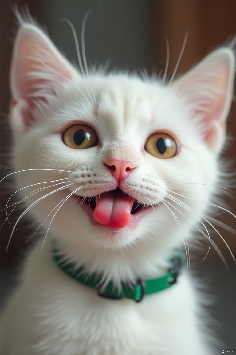 tushetou,  tongue,  A close-up shot of a white cat with a red tongue sticking out of its mouth. The cat's eyes are wide op...