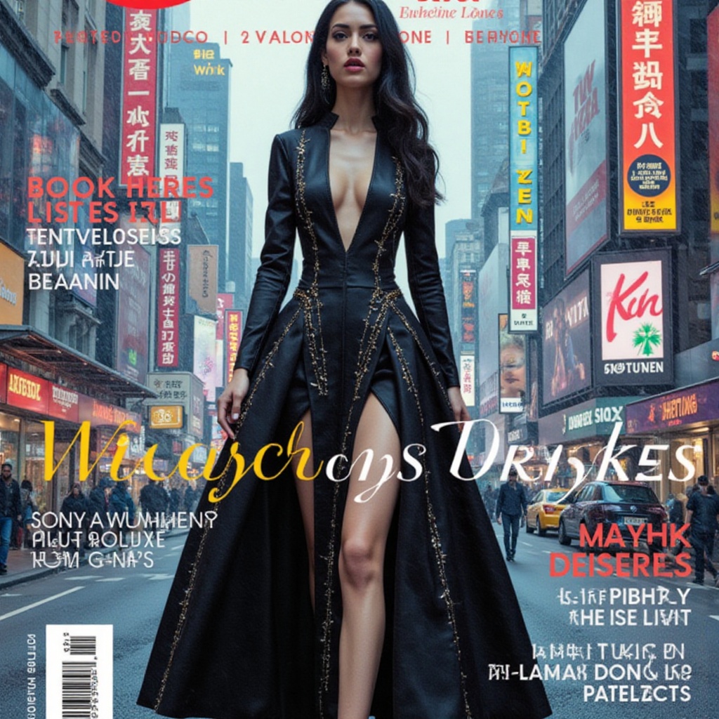 "The generated cyberpunk-style magazine cover featuring a confident woman in a futuristic cityscape.A dark-haired,  dresse...