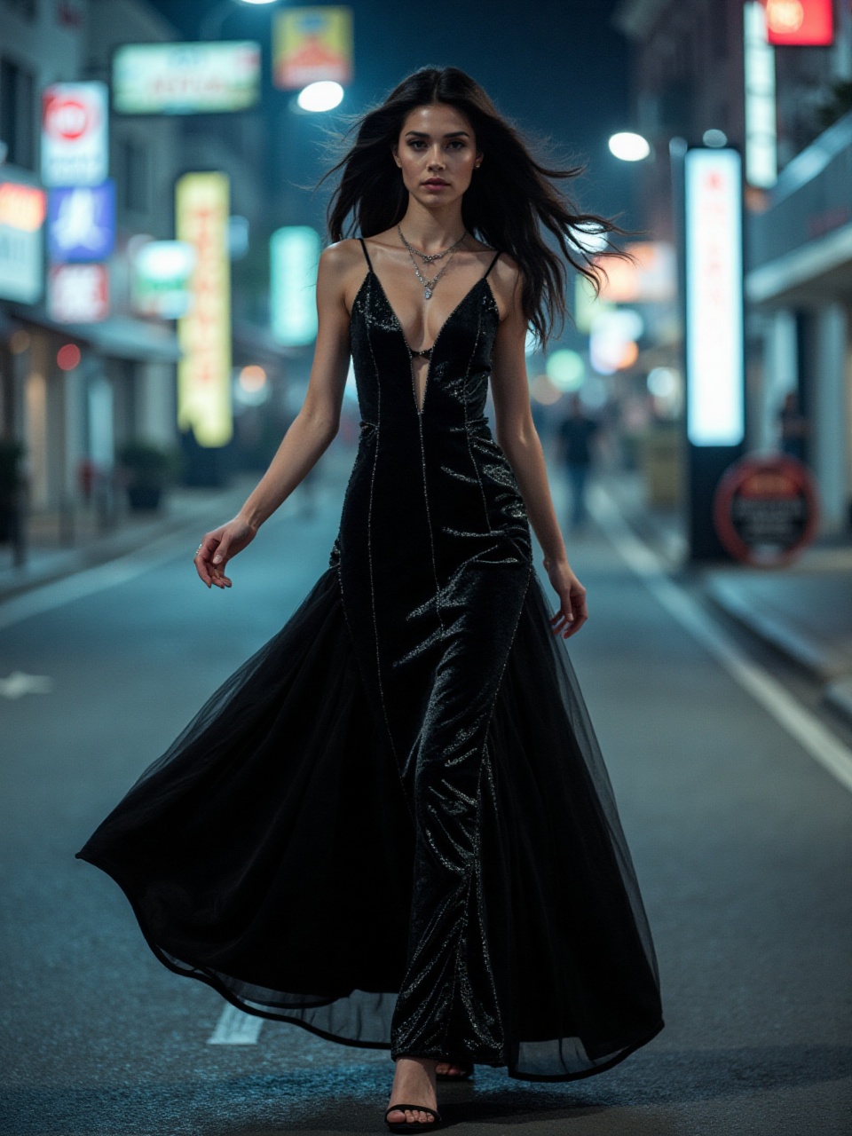 A dark-haired,  mysterious young woman,  dressed in a sleek black modern dress with subtle sheen on Tensor.Art