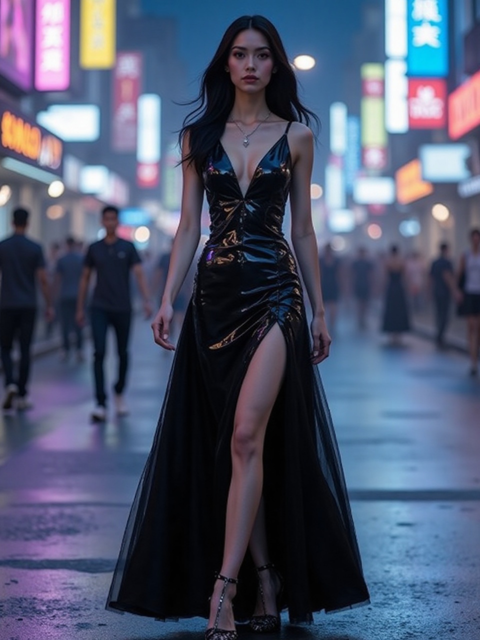 A dark-haired,  mysterious young woman,  dressed in a sleek black modern dress with subtle sheen on Tensor.Art