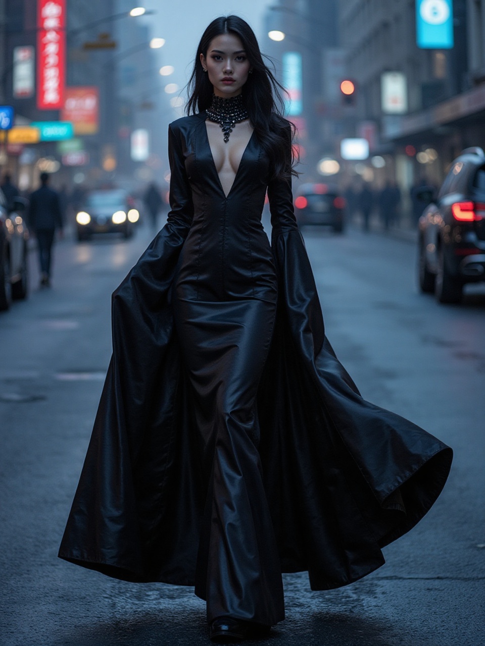 A dark-haired,  mysterious young woman,  dressed in a sleek black modern dress with subtle sheen on Tensor.Art