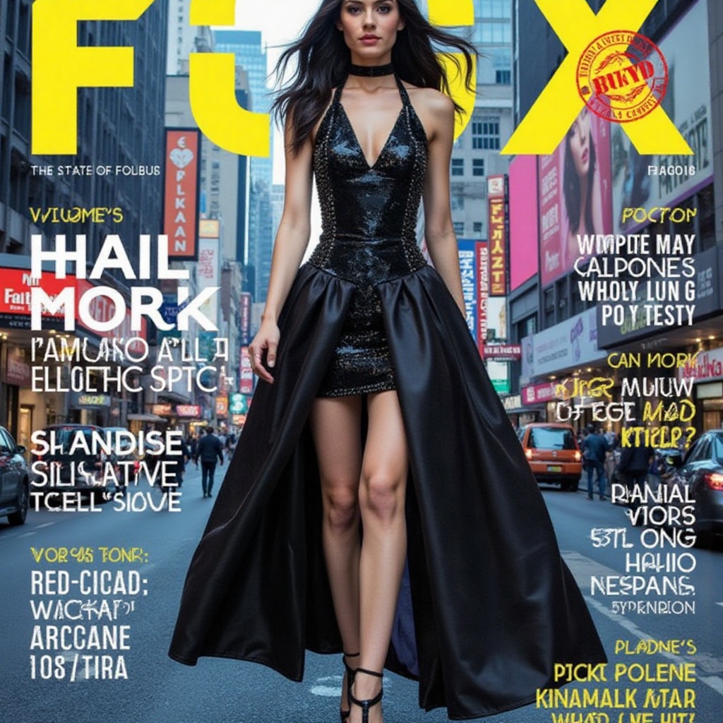 "The generated cyberpunk-style magazine cover featuring a confident woman in a futuristic cityscape.A dark-haired,  dresse...