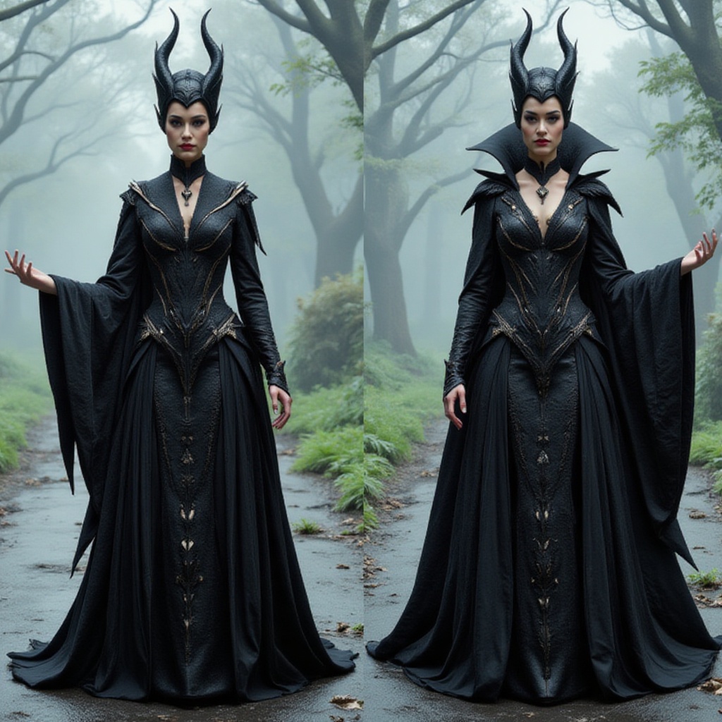 Maleficent,  the Disney villain from Sleeping Beauty,  wears a black dress on Tensor.Art