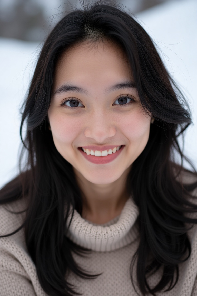 A close-up shot of an Indonesian woman with beautiful,  expressive eyes and a radiant smile,  wearing a cozy sweater. Her...