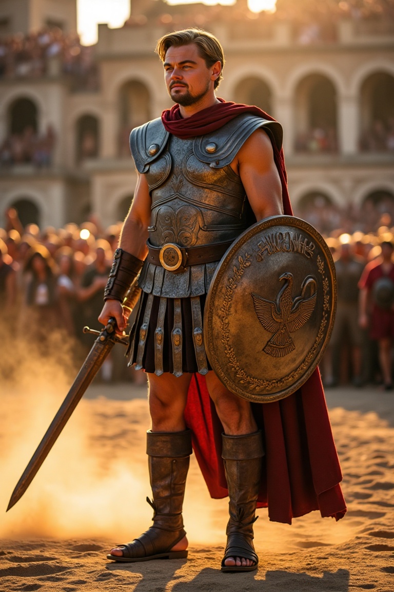 dicavibe as a charismatic Roman gladiator,  standing in the center of the colosseum during golden hour,  bathed in the war...
