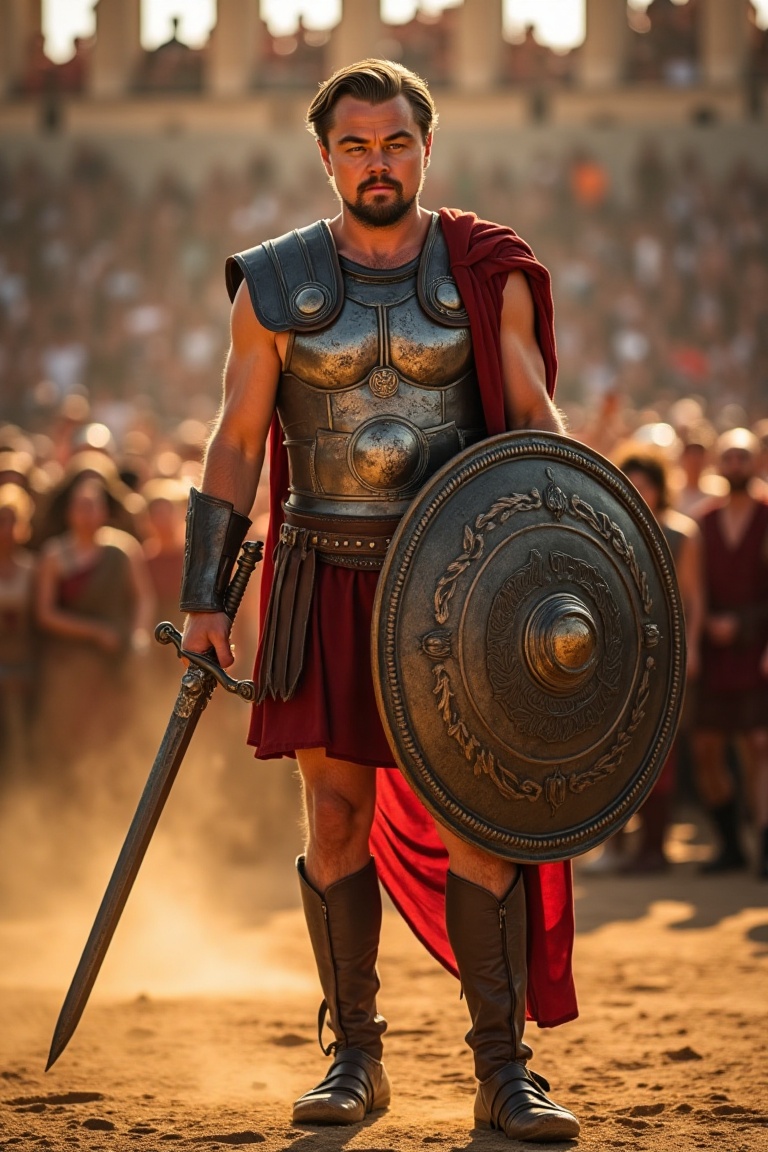 dicavibe as a charismatic Roman gladiator,  standing in the center of the colosseum during golden hour,  bathed in the war...