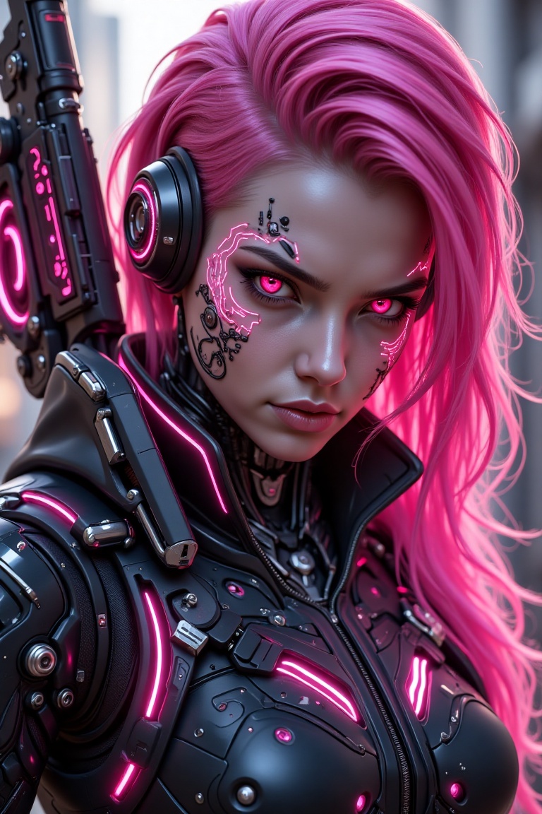 "A close-up portrait of a futuristic cybernetic female character with striking pink hair and glowing pink eyes,  exuding a...