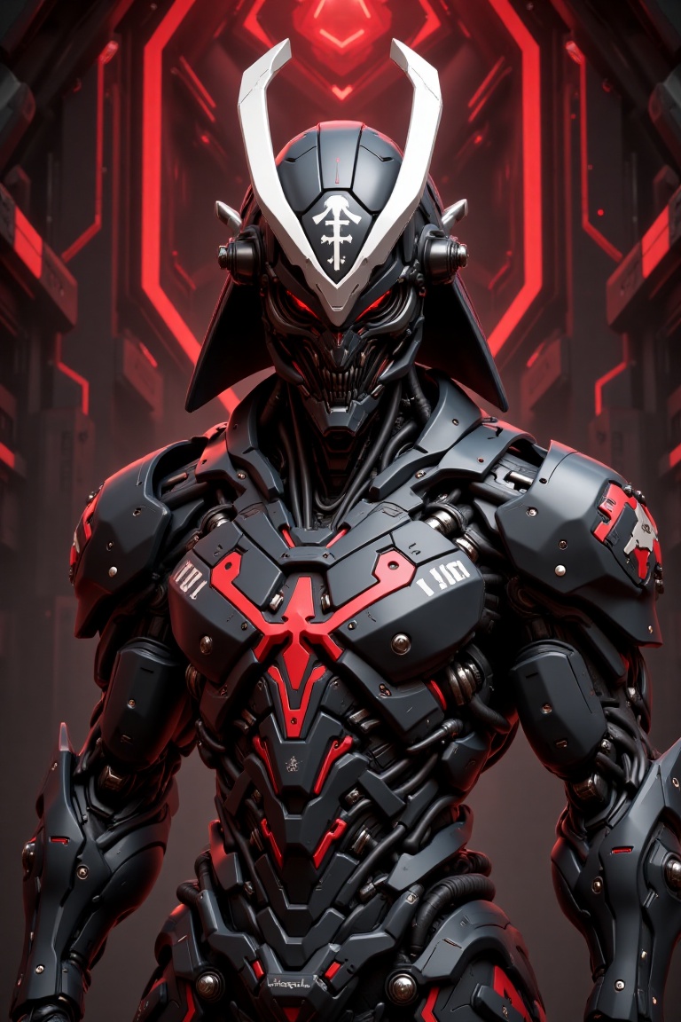 A futuristic armored warrior with a fearsome,  mechanical design,  blending samurai and cyberpunk aesthetics. The figure's...