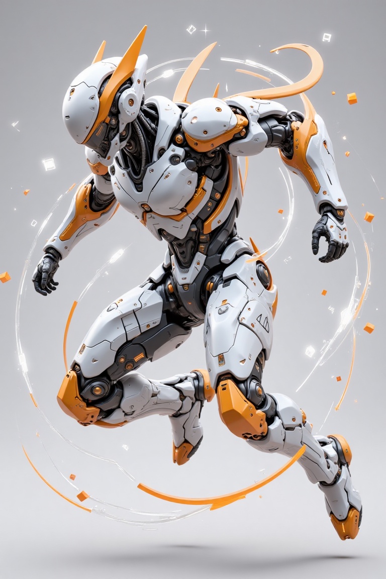 "A dynamic,  futuristic figure leaps through a minimalistic,  light-gray void on Tensor.Art