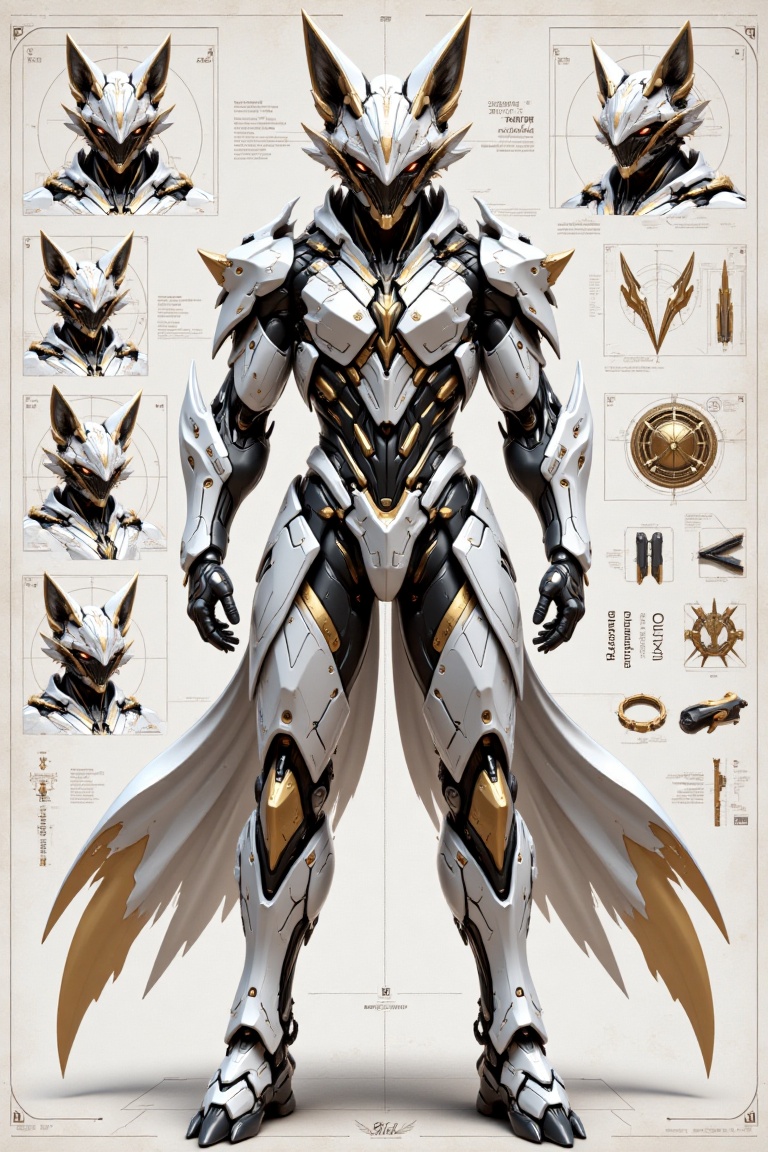 The image showcases a detailed design blueprint of a futuristic anthropomorphic armor suit inspired by a fox,  blending el...