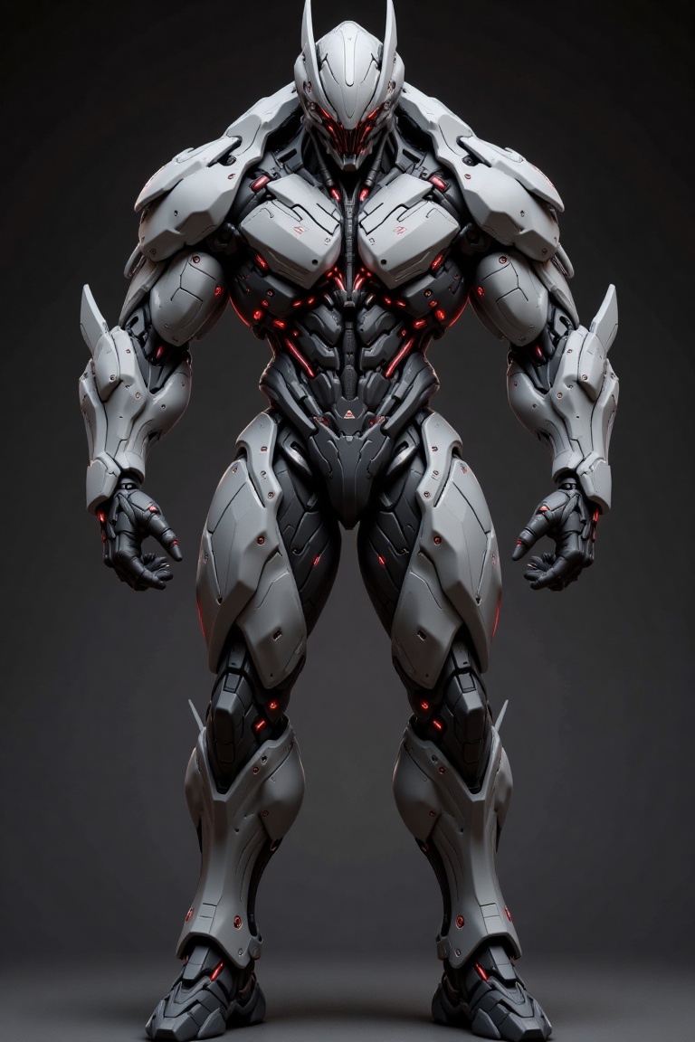 A towering biomechanical humanoid figure with a highly muscular and imposing build,  blending organic anatomy with sleek,...
