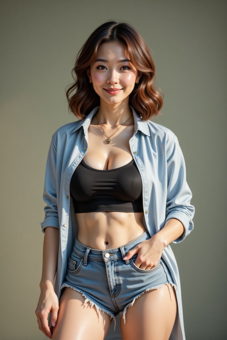 A strikingly confident woman stands against a softly lit background,  her pose exuding effortless charm and poise. Her war...