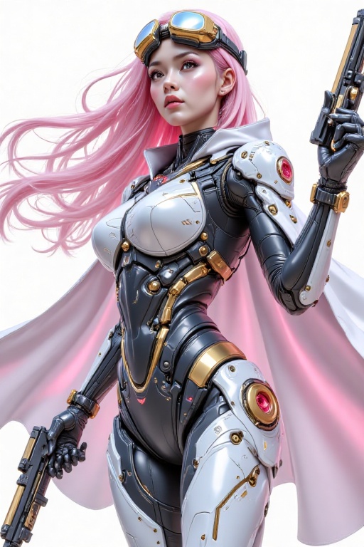 "A futuristic female cyborg with sleek,  high-tech armor in a dynamic action pose,  aiming a weapon with a confident expre...