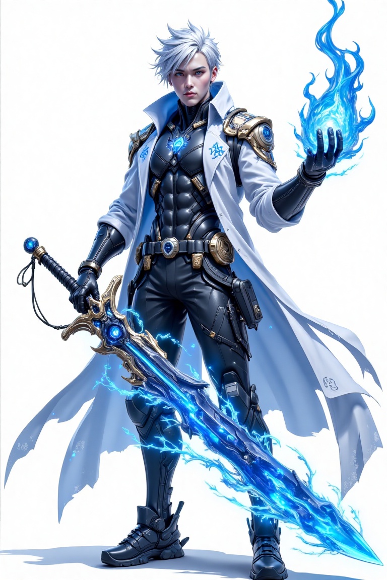 A striking figure stands confidently,  embodying the essence of an ethereal warrior wielding arcane power. His sharp,  you...