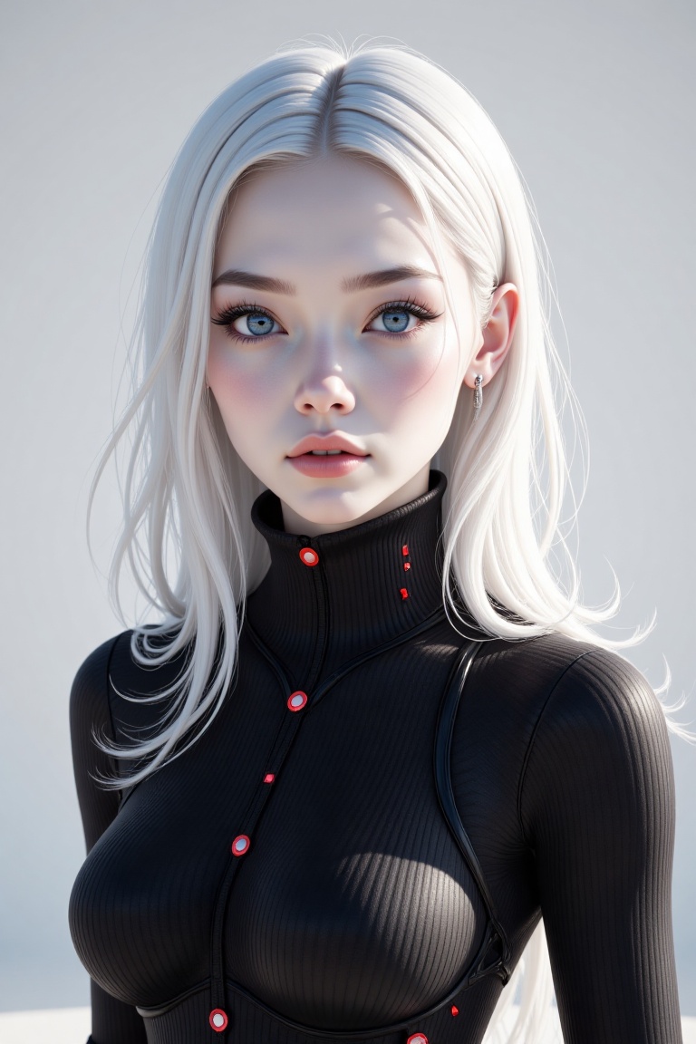 A striking portrait of a youthful woman with an ethereal presence. Her flawless,  porcelain-like skin reflects a delicate...