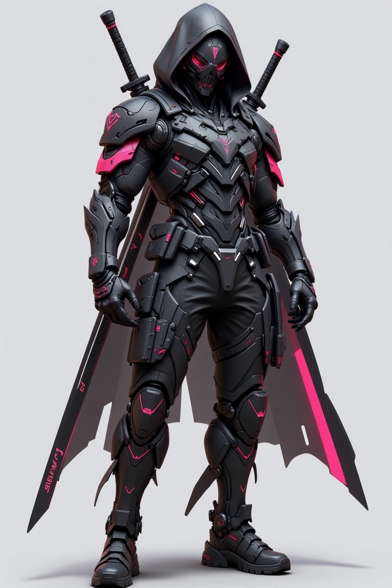 "A futuristic cyberpunk assassin in a sleek,  tactical outfit. The character is clad in a hooded black cloak with sharp,...