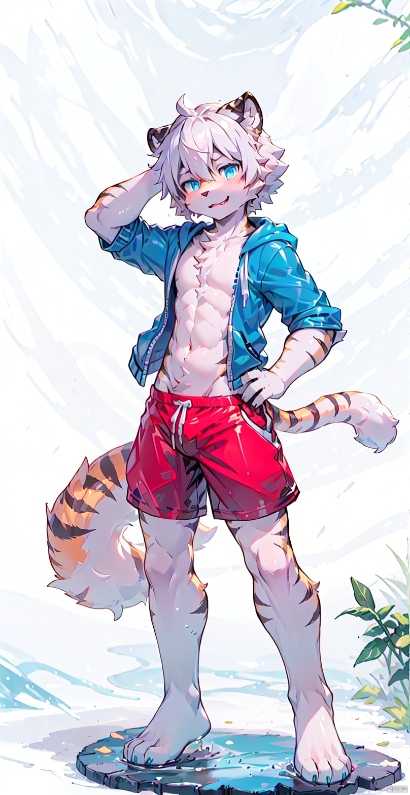  Bestquality,8k,(((masterpiece))),((bestquality)),
 (full_body:1.2),solo,
 White tiger,Swimming trunks,White animal hair, Delicate blue eyes,furry, bichu, shota, HYZ, killer,pvc figure, , (\shen ming shao nv\), 