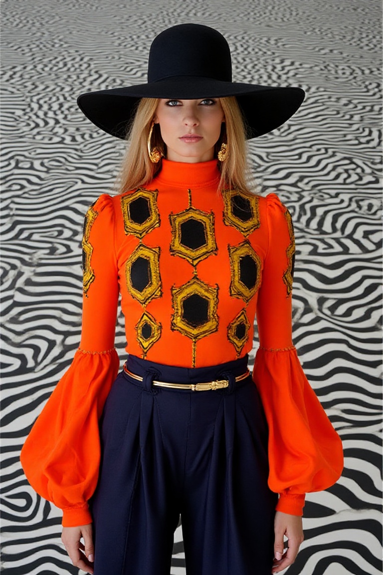 Inger Escalade,  Blonde,  fashion model set against a mesmerizing optical illusion background on Tensor.Art