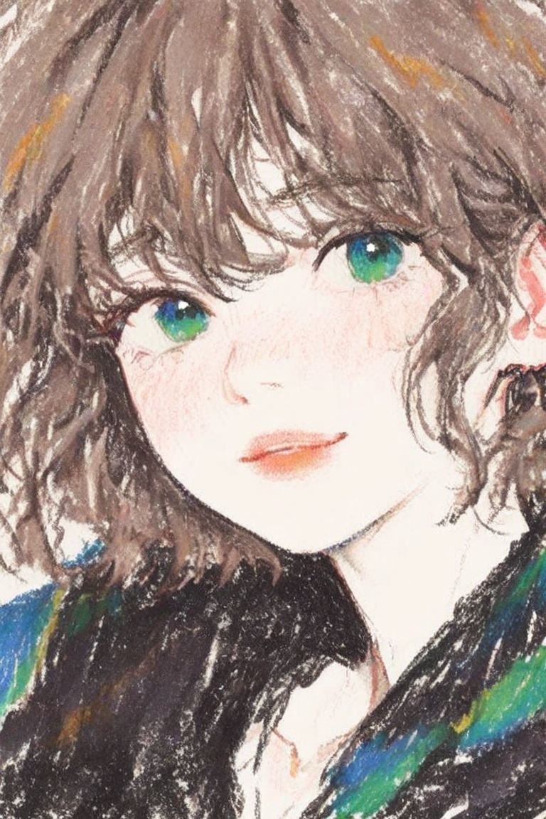 crayon_sketch 1girl solo looking at viewer short hair blue eyes brown hair green eyes parted lips lips portrait smile on T...