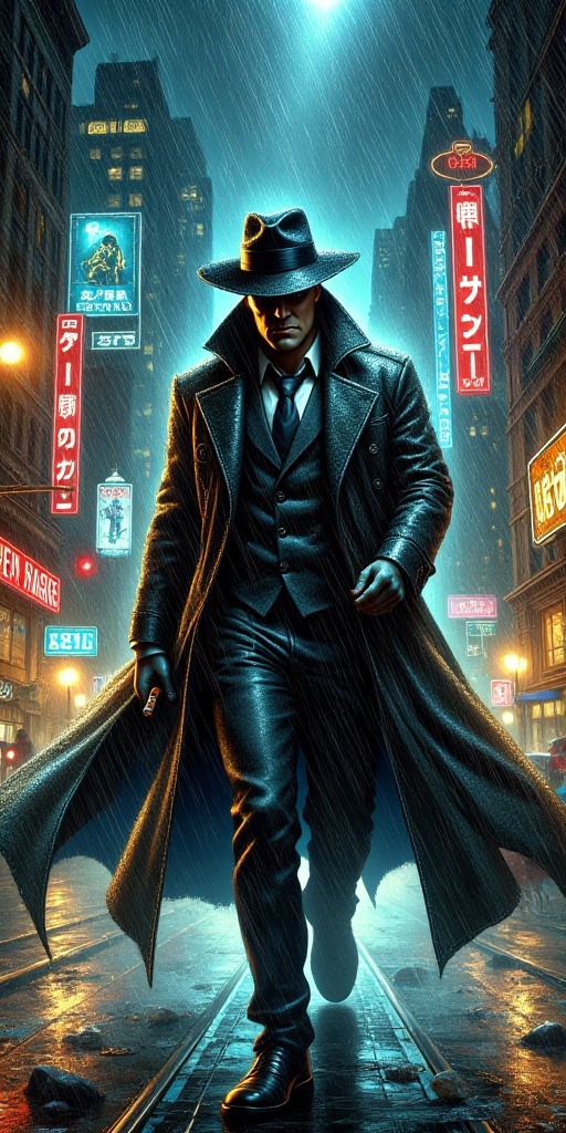 A shadowy figure emerges from the rain-soaked streets,  charismatic villain with a sly smirk,  clad in a long on Tensor.Art