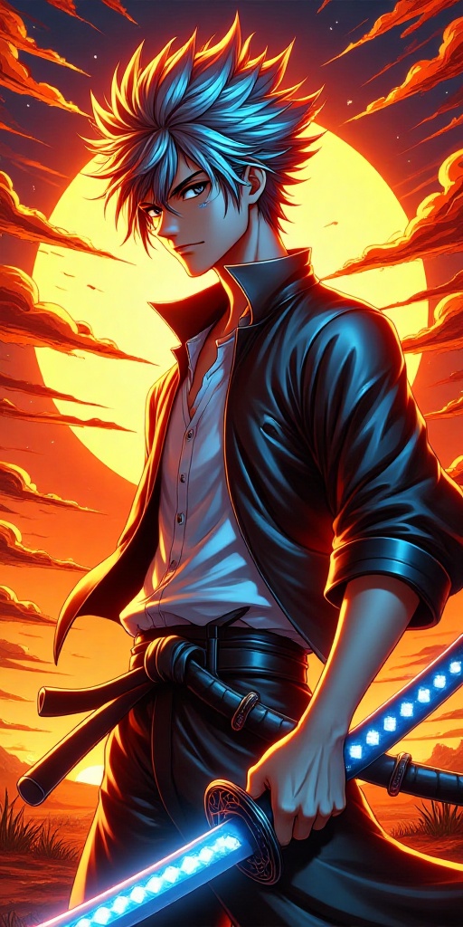 A close-up shot of the anime-inspired male character,  framed by the intense,  orange-hued sunset on Tensor.Art