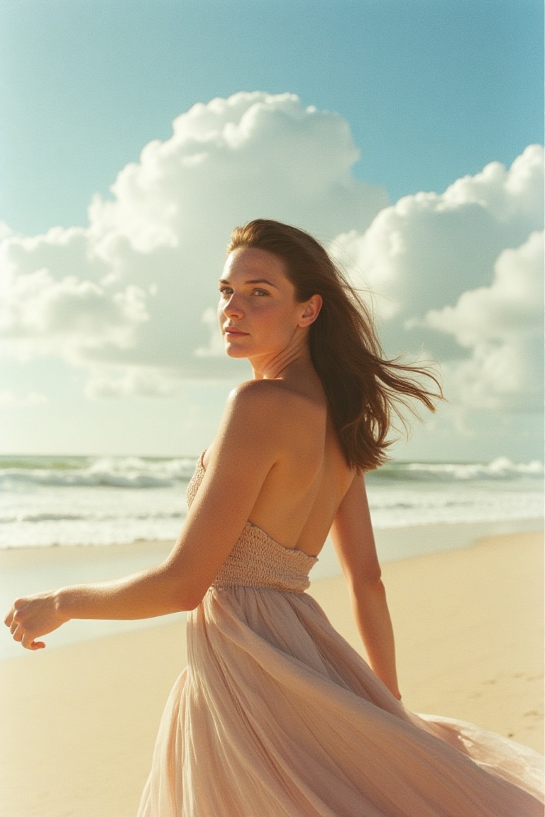 A stunning woman poses elegantly on the sun-kissed beach,  her flowing dress billowing gently in the breeze. Framed by the...