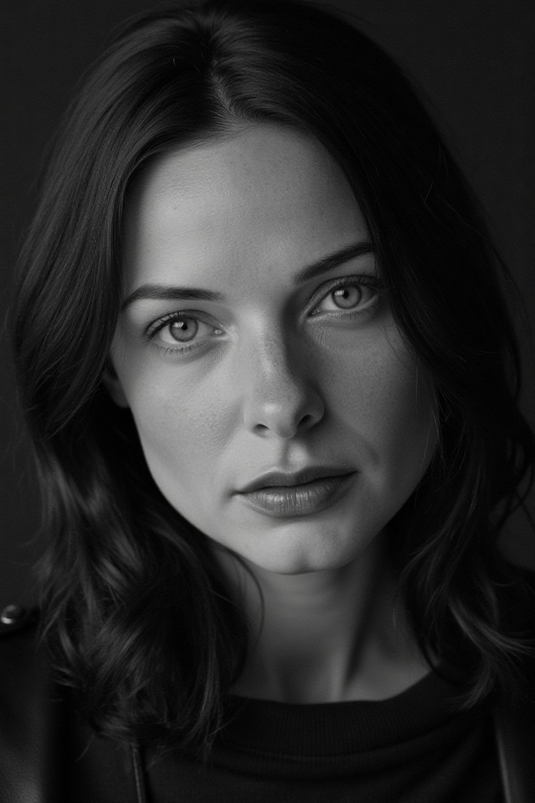 portrait inspired by Peter Lindbergh's photographic style,  a woman looking directly into the camera with an intimate and...