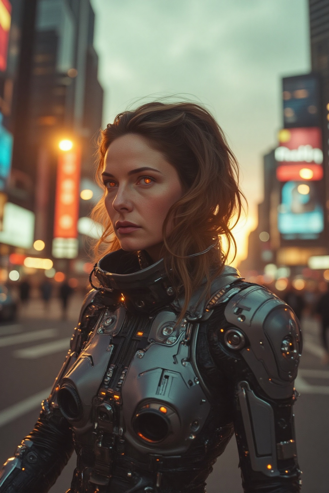 rebflx,  a striking woman,  stands confidently in a futuristic cityscape at sunset. Soft on Tensor.Art