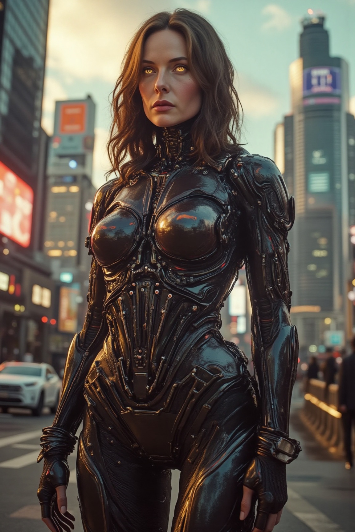 rebflx,  a striking woman,  stands confidently in a futuristic cityscape at sunset. Soft on Tensor.Art