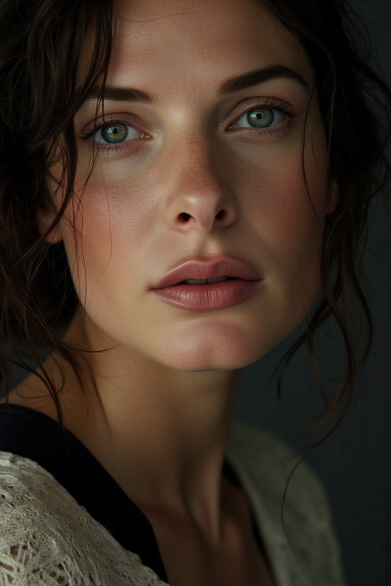 portrait inspired by Peter Lindbergh's photographic style,  a woman looking directly into the camera with an intimate and...