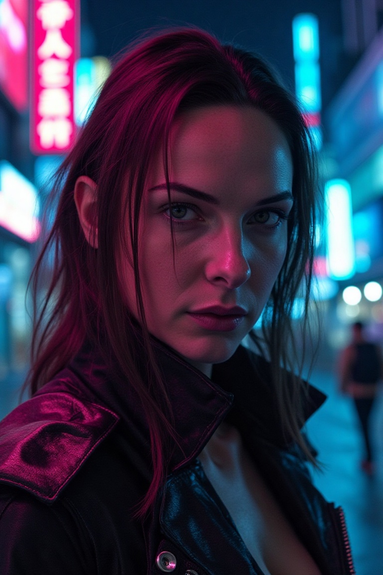 A stunning portrait of a woman stands out against the futuristic cityscape's neon glow. Soft,  even lighting illuminates h...