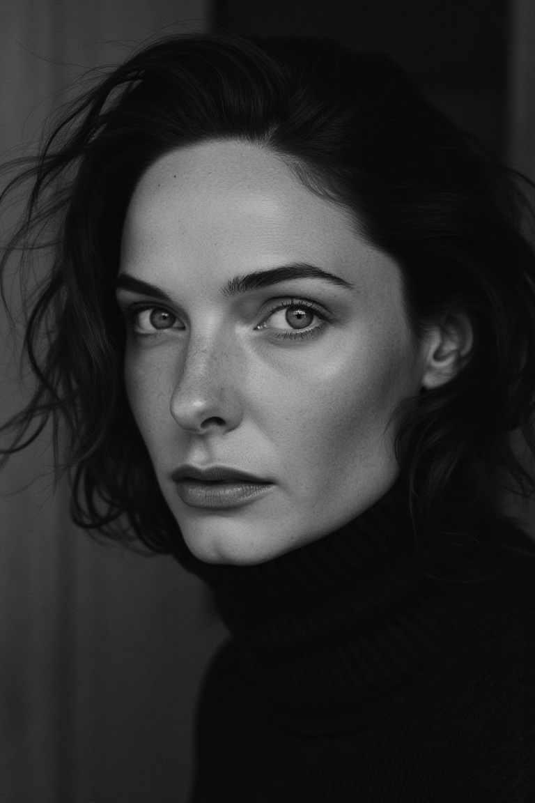 portrait inspired by Peter Lindbergh's photographic style,  a woman looking directly into the camera with an intimate and...