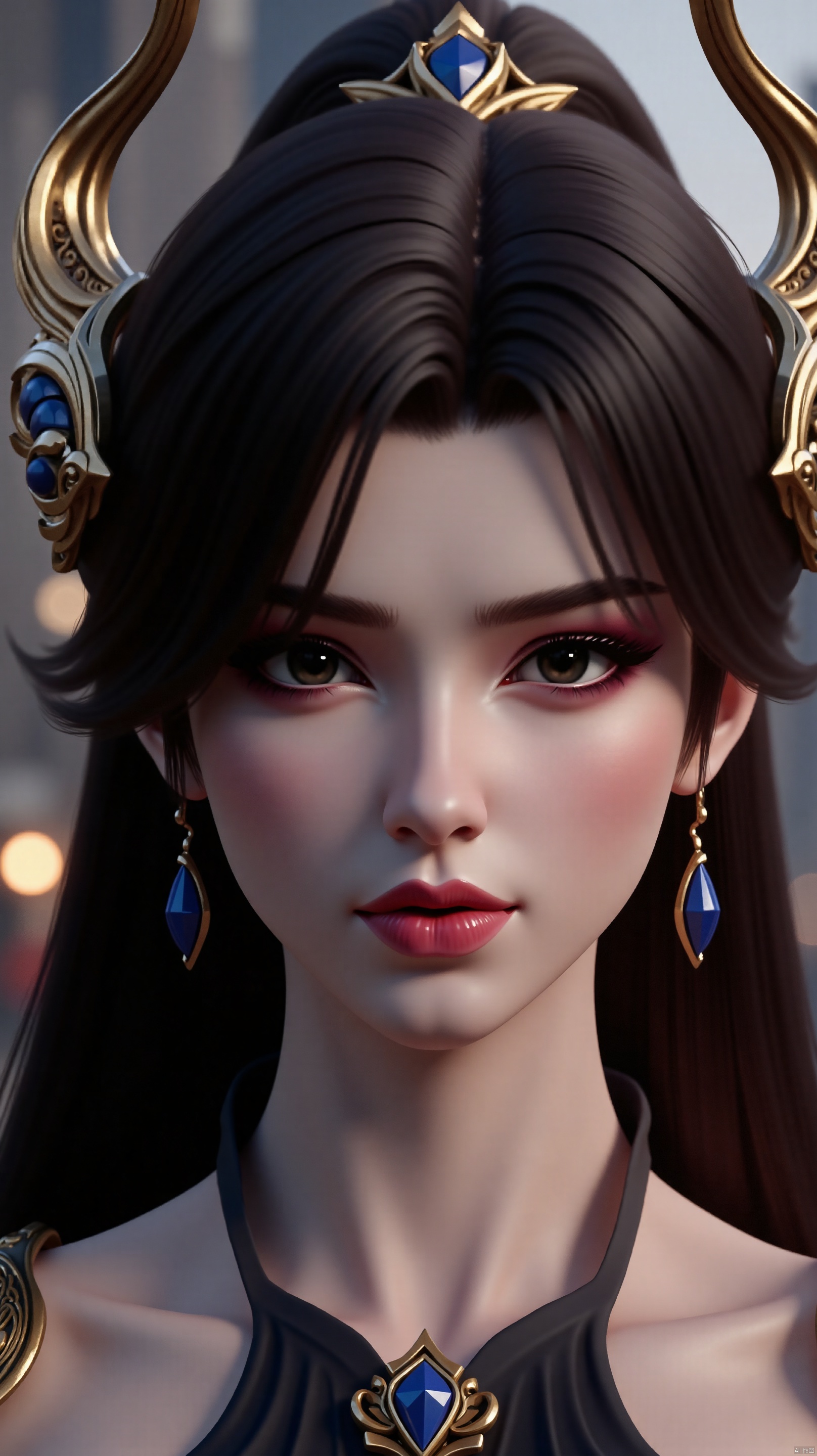 The imoman with long dark hair and a fierce expression on her face. She is wearing a black and gold outfit with a blue necklace and earrings. Her hair is styled in a dramatic updo with two large, ornate horns on either side of her head. The horns are gold and appear to be made of metal. The background is blurred, but it appears to be a cityscape with buildings and lights. The overall mood of the image is dark and mysterious.age is a close-up portrait of a young w