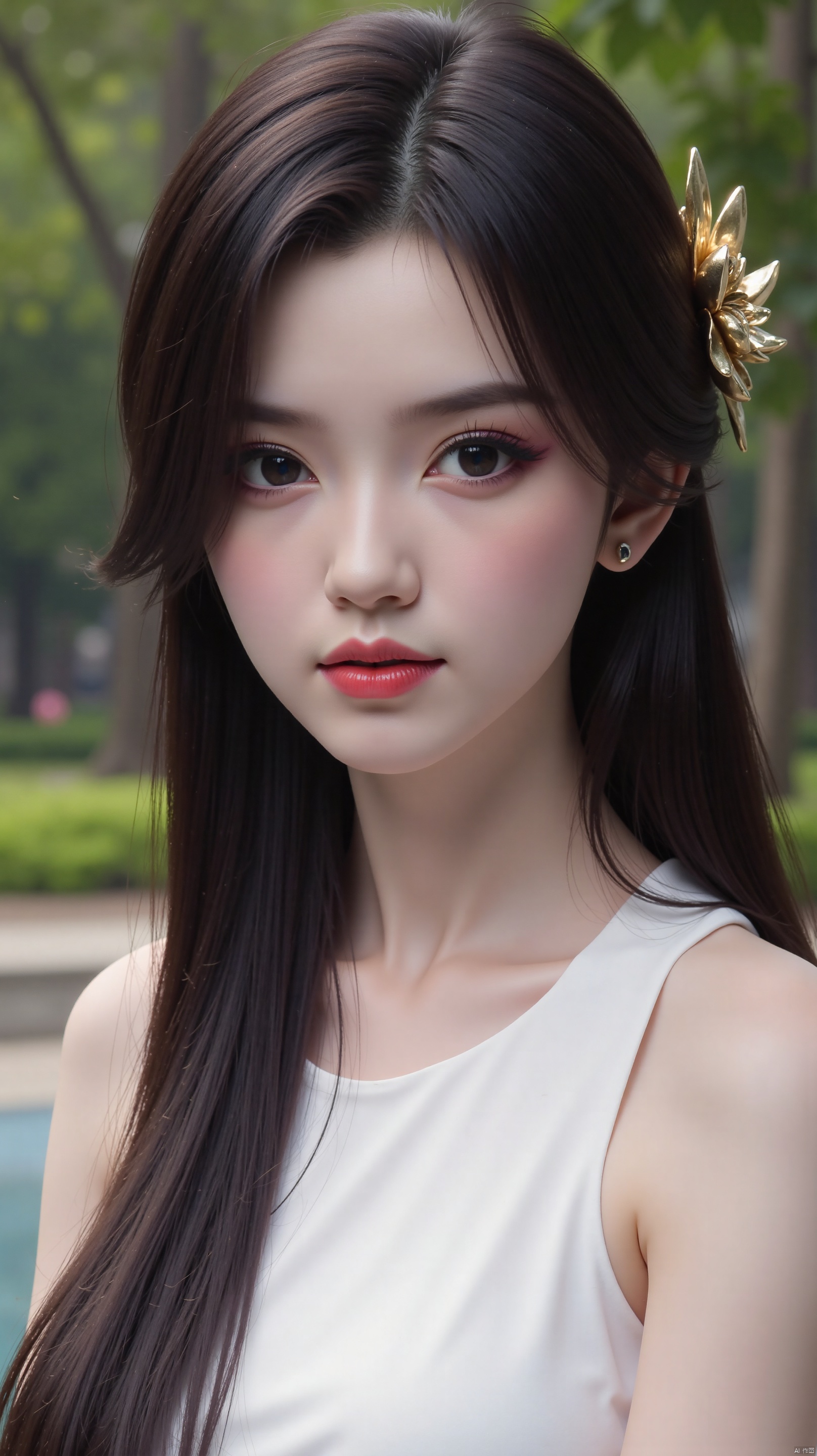The image is a close-up portrait of a young woman with long dark hair. She is wearing a white sleeveless top and has a gold flower in her hair. Her hair is styled in loose waves and falls over her shoulders. She has a serious expression on her face and is looking directly at the camera. The background is blurred, but it appears to be a garden or park with trees and greenery. The overall mood of the image is elegant and sophisticated.